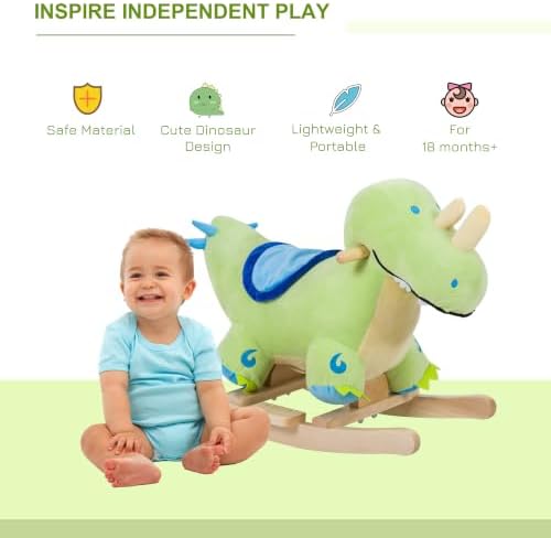 Qaba Kids Plush Ride-On Rocking Horse Toy Dinosaur Ride on Rocker Green - Image 3