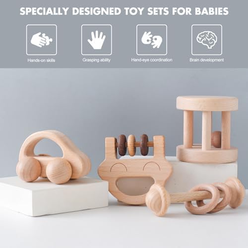 Wooden Baby Rattle Set, Newborn Wooden Rattle Toy, Natural Wooden Montessori Baby Grip Toy, Baby Gift Toy, Wood Rattle Set-4 - Image 2