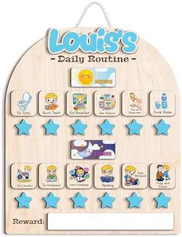 Wooden Chore Chart for Boys, Daily Routine Chart for Kids, Visual Schedule, Chore Reward Chart, Bedtime Morning Routine Chart for Toddlers (02) by LilaLand