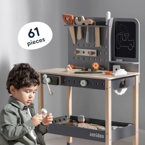 Kids Wooden Workbench, 61-Piece Tool Bench Set with Saw, Hammer, Spanner, Screwdriver, Nuts and Bolts, Chalkboard, Safety Goggles and Gloves, Construction Toy, Pretend Play, Boys, Girls Age 3+ - Image 2