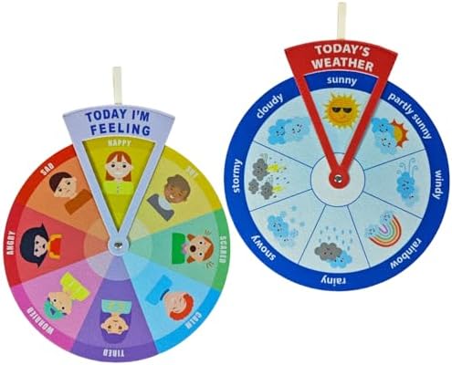 2-in-1 Emotion Wheel & Weather Chart for Kids - Interactive Social Emotional Learning (SEL) & Weather Forecast Preschool Toy, Felt Spinner Set for Classroom & Home (2 Pack) by Harvmax