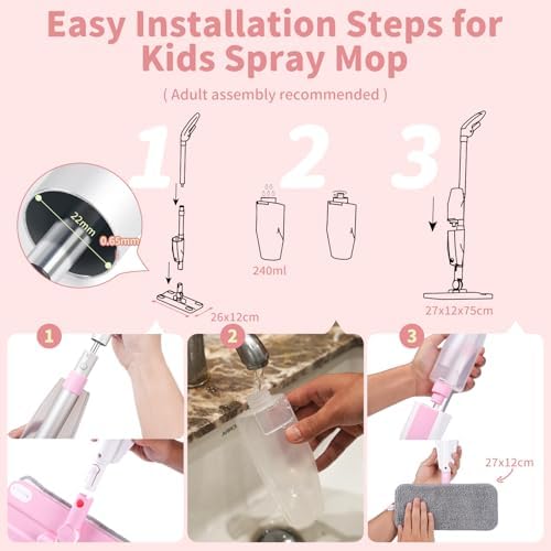 Kids Spray Mop,Fun & Functional Toddler Cleaning Set,Real Working Mop for Floors,Pretend Play – Includes Spray Bottle, 2 Washable Microfiber Pads, Montessori Kids Cleaning Toy Set -Pink - Image 2