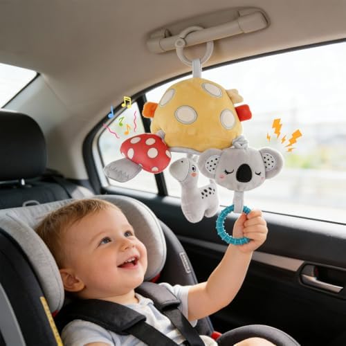 Musical Baby Pull Vibration Toy for Car Seat 6-12 Months, Travel Sensory Toy 3 Months, Montessori Plush Toys for Roadtrip with Crinkle Textures Flutter Squeaky Mirror Newborn Infant Gift - Image 2