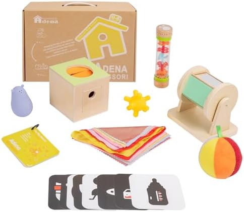 8 in 1 Montessori Toys for Babies 0-6 Month-Baby Tummy Time, Black White Card for Newborns,Rainmaker Rattle for Babies, Tissue Box,Spinning Drum,Ball with Bell-Baby Sensory Developmental Toys by YunHeXinQiaoToysFactory