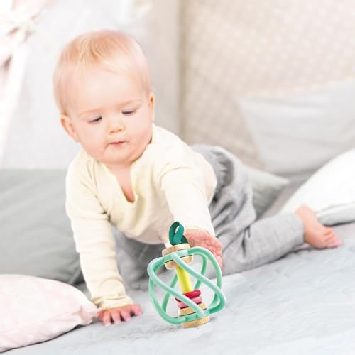 Hape Apple Grab Toy - Silicone & Wood Baby Rattle & Teether – Sensory Development Toy with Gentle Sound, Soft Chewable Rings, Easy Attachment for Crib & Stroller – for Babies 0-18 Months - Image 3