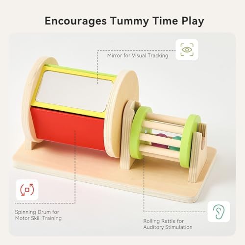 IEATFO Tummy Time Play Set | Wooden Spinning Drum & Rolling Rattle | Rotating Baby Safe Mirror with 120 Pages Visual Stimulation Cards - Image 2