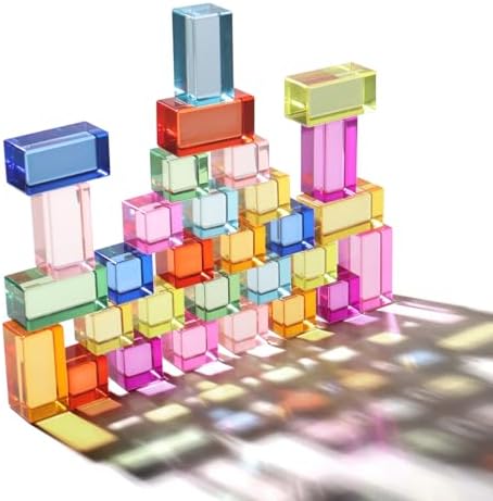 30 Pcs Mixed Acrylic Blocks Set - 10 Long (2.5x2.5x5CM) + 20 Cube (2.5x2.5x2.5CM) Rainbow Gem Blocks, Sensory Stacking Toy for 1 2 3 4 Years Old, Boys Girls Gift with Rich Building Possibilities by Dinhon