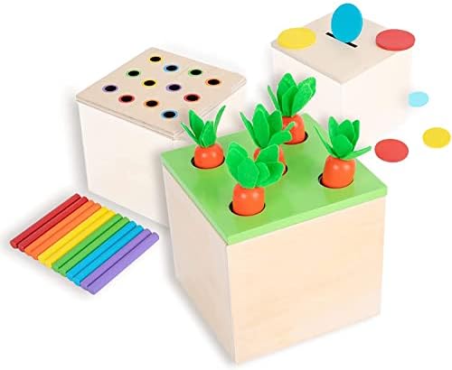 Box Wooden Play Kit, 3-in-1 Activity Cube: Includes Carrot Harvest, Object Permanent Box, Coin Box - Early Development Learning for Toddlers Ages 1-3 by Unknown
