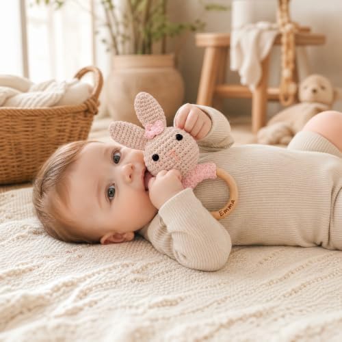 Personalized Crochet Baby Rattle, Custom Wooden Teething Ring with Engraved Name, Handmade Crochet Animal Toy for Newborns and Infants - Image 3