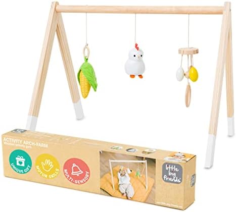 Little Big Friends Wooden Baby Activity Gym – Montessori Play Gym for Babies | Encourages Motor Skills & Sensory Development | Includes Crinkle Fabrics, Wooden Chimes & Hanging Toys – Farm by LittleBigFriends