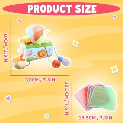 Caterbee Baby Tissue Box Toy with Hanging Hook, Sensory Pull Out Fabric Tissues, Rattle & Teether, Montessori Hanging Toy for Stroller, Car Seat & Crib,Montessori Sensory Toy for Infants (Forest) - Image 3