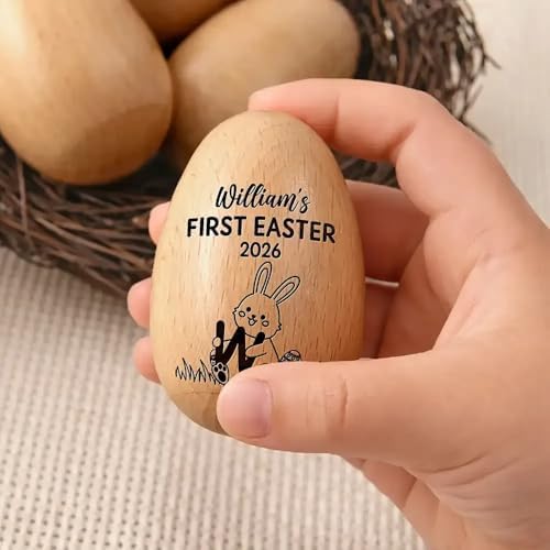 Personalized First Easter Musical Easter Egg Shaker for Babies, Bunny Laser Engraved Engraved Wooden Egg Shakers, Easter Basket Stuffer - Image 4