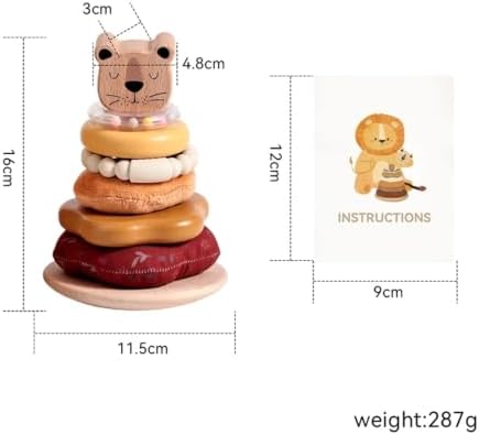 Baby Wooden Pole Stack Toy Cartoon Lion with Teether Rattle - Image 2