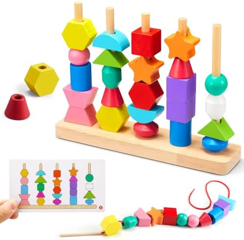 Montessori Wooden Toys, Lacing Beads & Stacking Block & Matching Shape Stacker, Montessori Wooden Beads Sequencing Toy Set, STEM Preschool Learning Toy Birthday Gift for 2 3 4 Year Old Toddler Gifts - Image 2