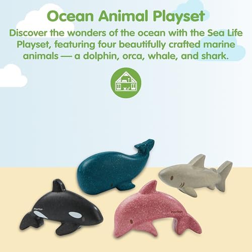 PlanToys® Wooden Sea Life 4-Piece Set, Dolphin, Orca, Whale & Shark Kids - Image 2