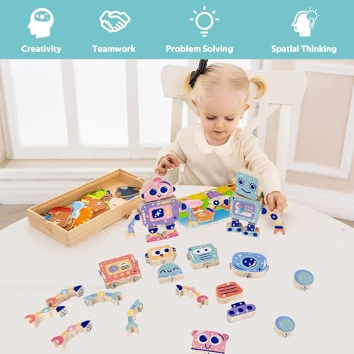 Wooden Robot Building Toys for Kids, Snap-Together STEM Blocks Playset, Take Apart Educational Toy for Toddlers Ages 3-8, Montessori Fine Motor Skills Toy Gift for Boys Girls - Image 6