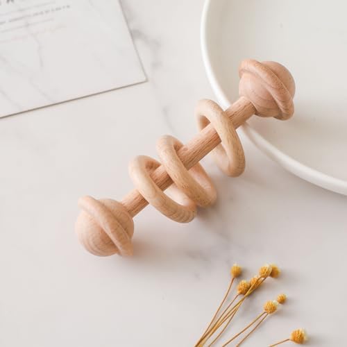 Wooden Baby Rattle, Newborn Wooden Rattle Toy, Natural Wooden Montessori Baby Grip 3 Ring Toy, Baby Gift Toy, Wood Rattle-2 by Chriswell