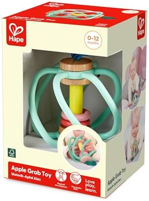 Hape Apple Grab Toy - Silicone & Wood Baby Rattle & Teether – Sensory Development Toy with Gentle Sound, Soft Chewable Rings, Easy Attachment for Crib & Stroller – for Babies 0-18 Months - Image 6