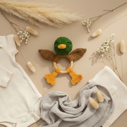 Wooden Baby Rattle for Boys and Girls, Crochet Stuffed Animal for Newborn, 3 4 5 6 Month Toys, Mallard Duck - Image 6