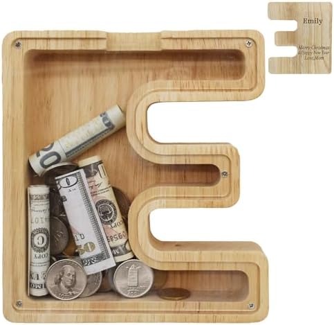 Wooden Letter Piggy Bank for Kids Boys Girls,Personalized Piggy Bank (Laser Engraving),A-Z Letters Coin Bank Money Box Customized Name, for Family Christmas Birthday Gift (E) by FINDAMAZE
