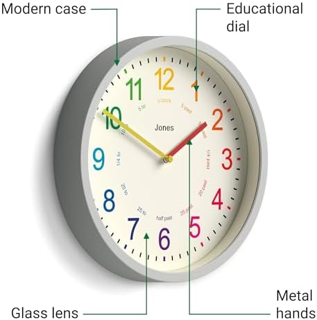 JONES CLOCKS® Kids wall Clock | Small Modern Children’s Nursery Clock | 10" | Gray | Colourful dial for Learning to Tell the time - Image 5