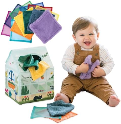 MindWare Sensory Sprouts Tissue Scarf - Montessori Toys for Babies 6-12 Months - Soft Greenhouse-Shaped Tissue Box and 12 Sensory Scarves Featuring Different Textures by MindWare