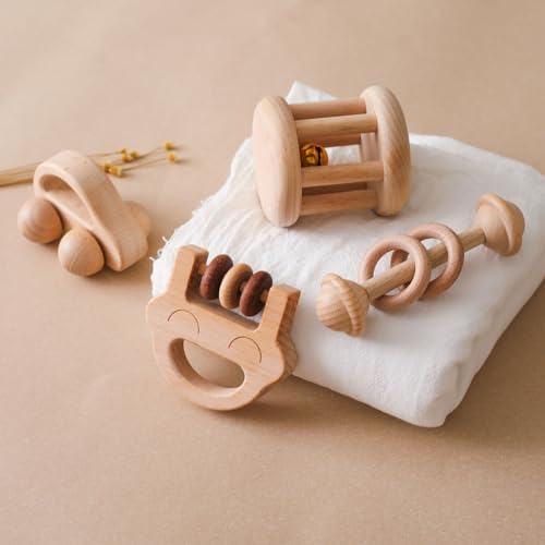 Chriswell Wooden Baby Rattle Set, Newborn Wooden Rattle Toy, Natural Wooden Montessori Baby Grip Toy, Baby Gift Toy, Wood Rattle Set-6 - Image 3