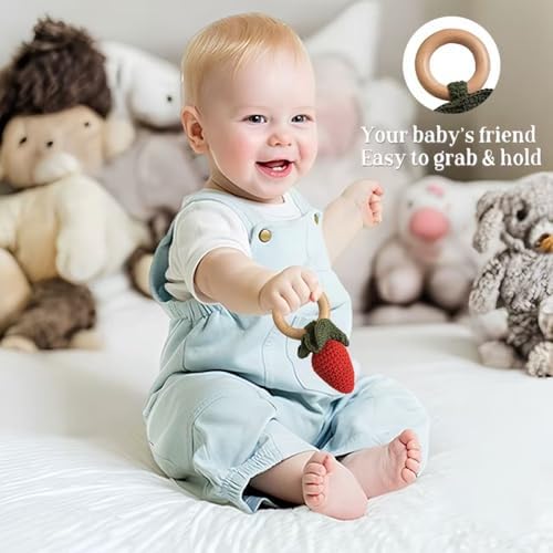 Wooden Baby Rattle Toys Stuffed Crochet Rattle with Teether Ring for Newborn Babies Fruit Wooden Teether Toy Infant Toddler Handcrafted Crochet Rattles Cute Shower Gifts for Boy and Girls - Image 7
