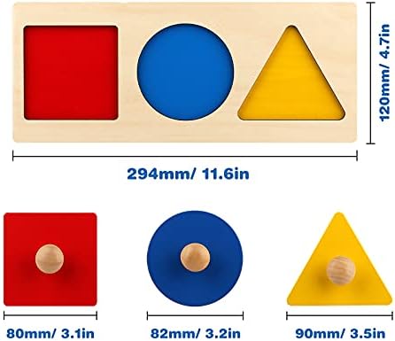 Montessori Multiple Shape Puzzle First Shapes Jumbo Knob Wooden Puzzle Geometric Shape Puzzle Toddler Preschool Learning Material Sensorial Toy for Toddler Shape & Color Sorter (3 Pieces) - Image 7