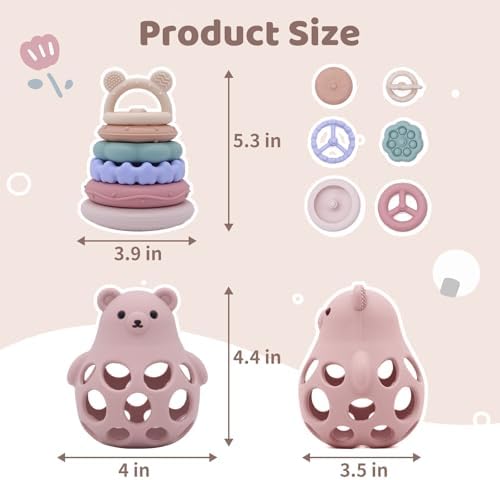 Stacking Rings Baby Toy, 7-Piece Silicone Baby Teething Toy, 6M+ Pink Jenga - Image 2