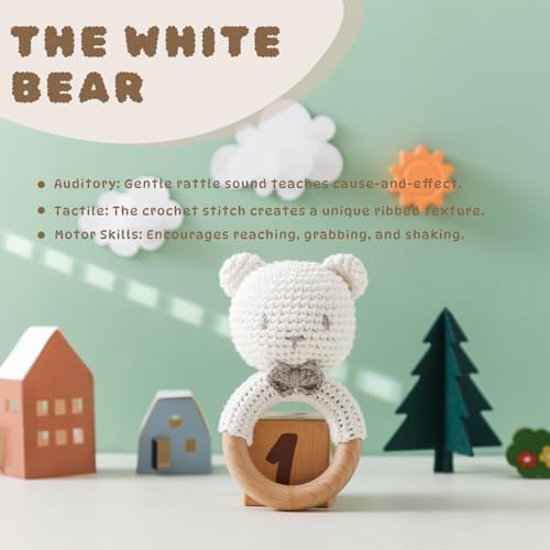 Moyii Handmade Crochet Baby Rattle Toy, 100% Organic Cotton Amigurumi Animal with Natural Beech Wood Teether Ring, Soft Sensory Newborn Toy, Montessori Nursery Gift for Boys & Girls - Image 2