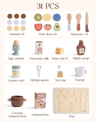 ROBUD 31-Piece Wooden Play Food Set for Kids - Coconut Oats Montessori Kitchen Toys, Educational Pretend Play Dishes with Accessories for Toddlers - Image 6