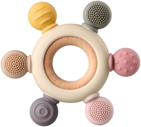 Baby Teething Toys, Silicone Chewable Toys with Organic Wooden Ring for Infants 3+ Months, Silicone Teething Toys for Soothing Sore Gums, Sucking Needs (6 Directions, Khaki) by Kalovin