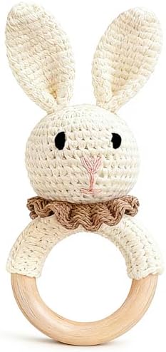 Baby Rattle Toys, Handcrafted Crochet Bunny Rattles with Wooden Teething Ring, Organic Newborn Toy Crochet Stuffed Animal Rattle Baby Announcement Ideas, Beige by TUOWITA