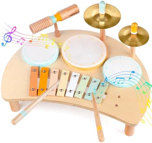 Kids Drum Set, Montessori Toys Wooden Musical Instruments for Baby Toddlers by Rmischolar