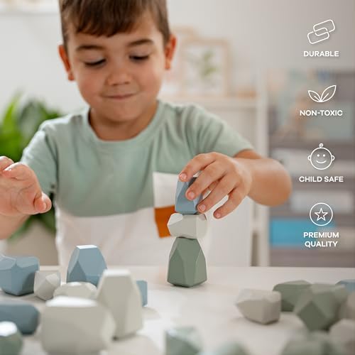 Comfy Cubs Stacking Rocks 36 Pieces, 36 Months+, Educational Toddler Stacking Blocks, Promotes Imagination, Balance & Fine Motor Skills - Wooden Rocks Sensory Toys Gift for Kid, Boy Pack - Image 4