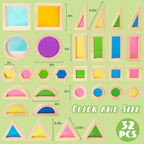WOODENFUN Wooden Building Blocks Set for Kids, 32 Pcs Rainbow Stacker Game - Image 3
