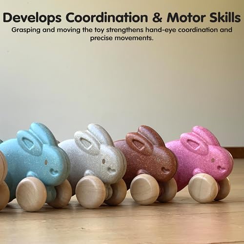 PlanToys® Brown Push Along Bunny Wooden Montessori Movement Toy for Kids - Image 7