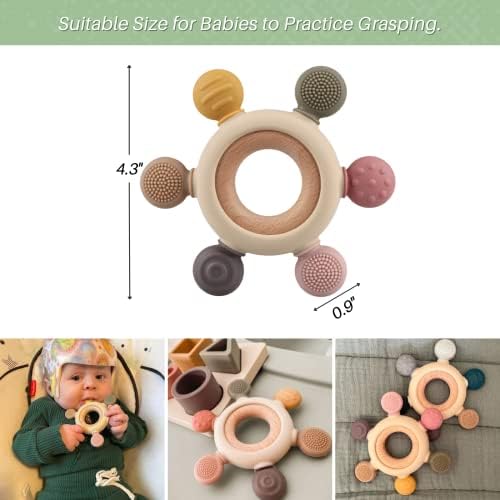 Baby Teething Toys, Silicone Chewable Toys with Organic Wooden Ring for Infants 3+ Months, Silicone Teething Toys for Soothing Sore Gums, Sucking Needs (6 Directions, Khaki) - Image 7