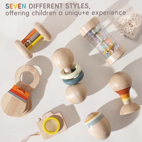 Wooden Baby Rattle Set, 7-in-1 Montessori Toys for Infants 0-6 Months, Moonkie Natural Wooden Baby Toys with Sensory Musical Instruments & Storage Bag - Image 4