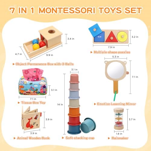 Montessori Toys for Babies 6-12 Months, 7 in 1 Wooden Educational Development Toys Sensory Learning Gift for Toddlers with Object Permanence Box, Emotion Learning Mirror, Tissue Box,Rainmaker and More - Image 2