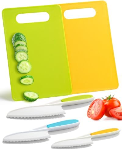 Yeeammk Kids Knife Set for Real Cooking, 5 Pcs Kid Safe Plastic Kitchen Knife Set with 3 Knives and 2 Cutting Boards, Montessori Cooking Set for Kids by Yeeammk