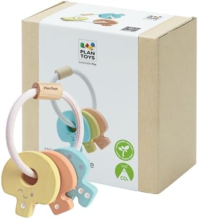 PlanToys® Wooden Pastel Baby Key Rattle Montessori Sensory Toy for Newborns by PlanToys