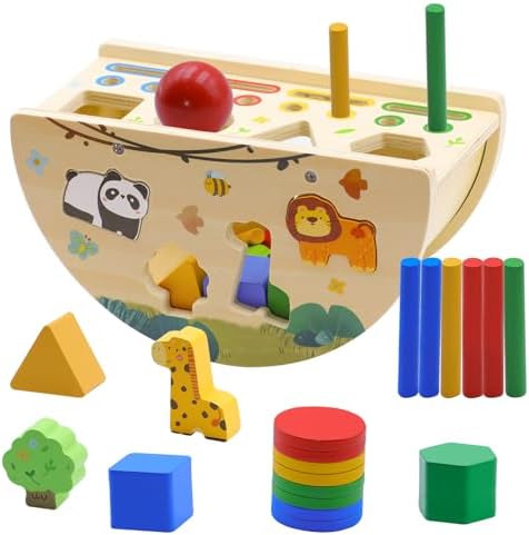 Montessori Busy Box for Toddlers 1-3, Wooden Object Permanence Coin Box with Shape Sorter & Animal Matching, Fine Motor Sensory Learning Toy with Wobble Base, Gift for 1 2 3 Year Old by Humerry