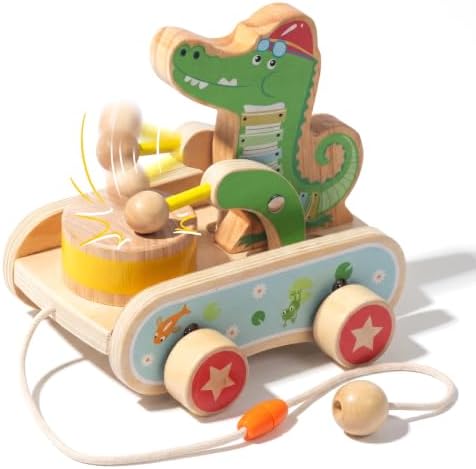 Wooden Push Toys for Toddlers 1-3, Crocodile Beating Drum Walking Pull Toy by WOODENFUN