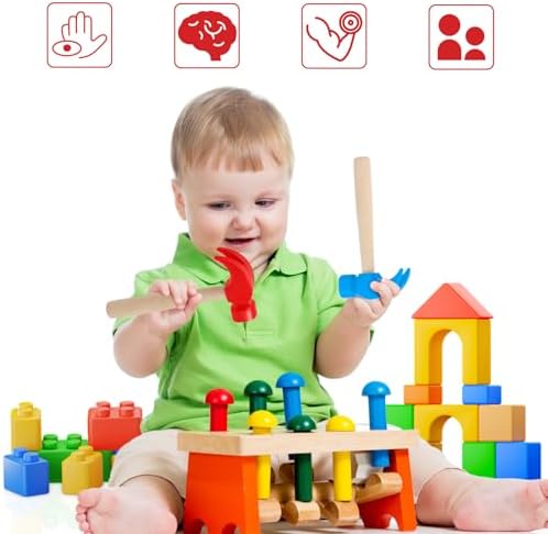 2 Pack Wooden Hammer Toys, Simulation Hammers Maintenance Tools Educational Toys for Boys Girls Kids Maintenance Tools Birthday Party Games Supplies(Red & Blue) - Image 6