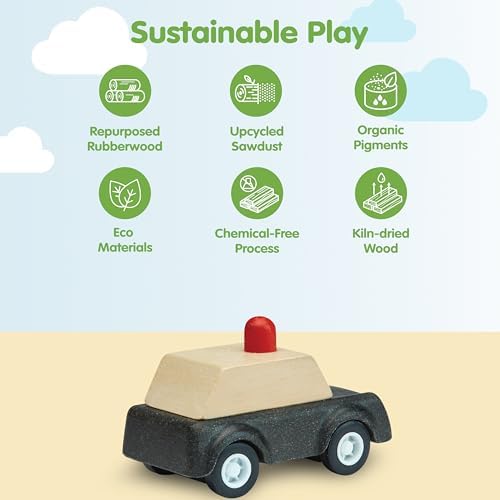 PlanToys® Police Car Wooden Montessori Vehicle Kids Indoor Outdoor Play Toy - Image 3