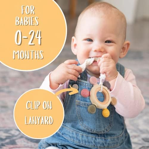 Baby Teething Toys, Silicone Chewable Teethers with Wooden Ring for Soothing Babies Gums, Rudder Chewers Shower Gift for lnfants & Toddlers, 3+ Months (8 Directions, Gray) - Image 3