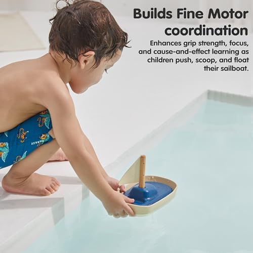 PlanToys® Sailboat Wooden Bath Toy, Eco-Friendly Floating Boat for Kids - Image 6