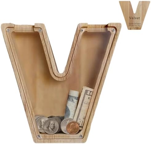 Wooden Letter Piggy Bank for Kids Boys Girls,Personalized Piggy Bank (Laser Engraving),A-Z Letters Coin Bank Money Box Customized Name, for Family Christmas Birthday Gift (V) by FINDAMAZE